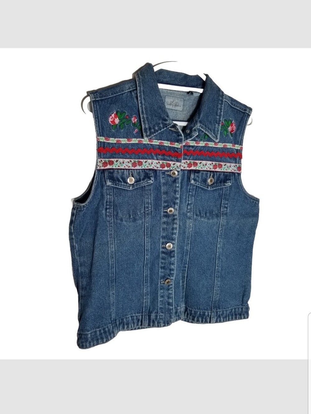 Paul Harris Denim Vest Women's Large Embroidered Button Front 100% Cotton Vtg